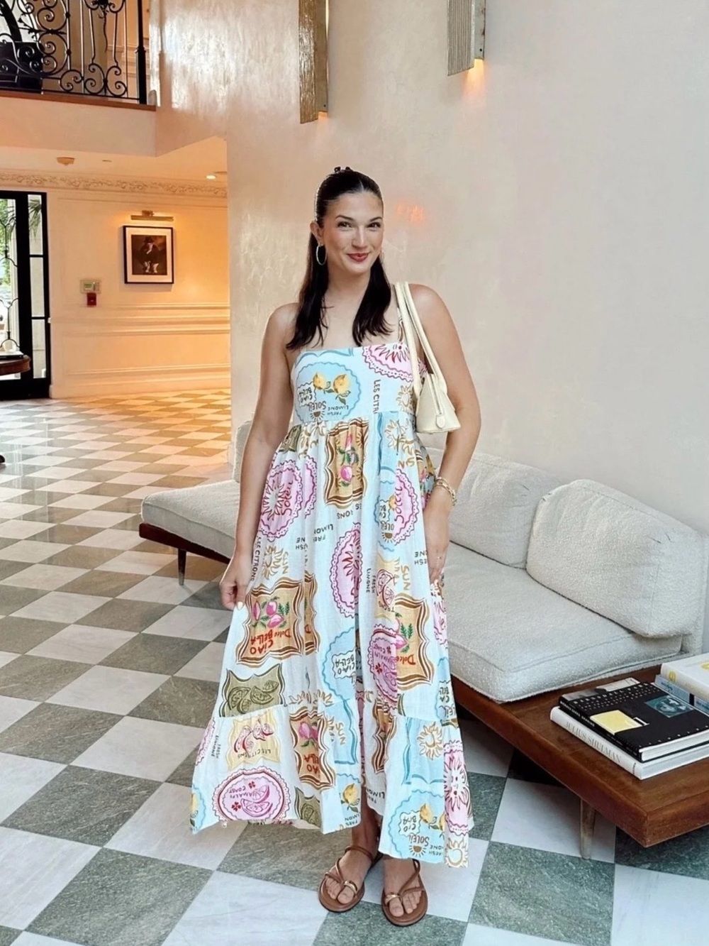 Sleeveless Printed Midi Dress in Light Blue and Pink